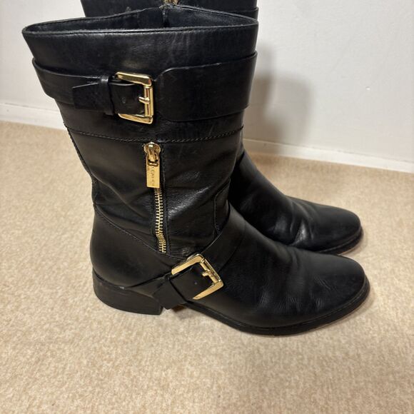 Michael Kors Boots Womens Gansevoort Moto Booties Black Leather Mid Buckle 8.5 - Picture 3 of 13